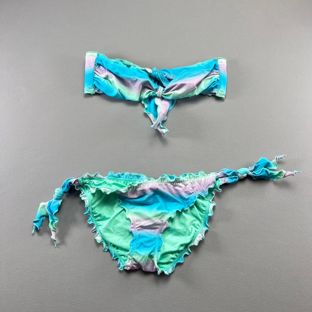 Victoria's Secret Ruffle Bikini 2 Piece Set Women M Pastel Watercolor Twist Knot